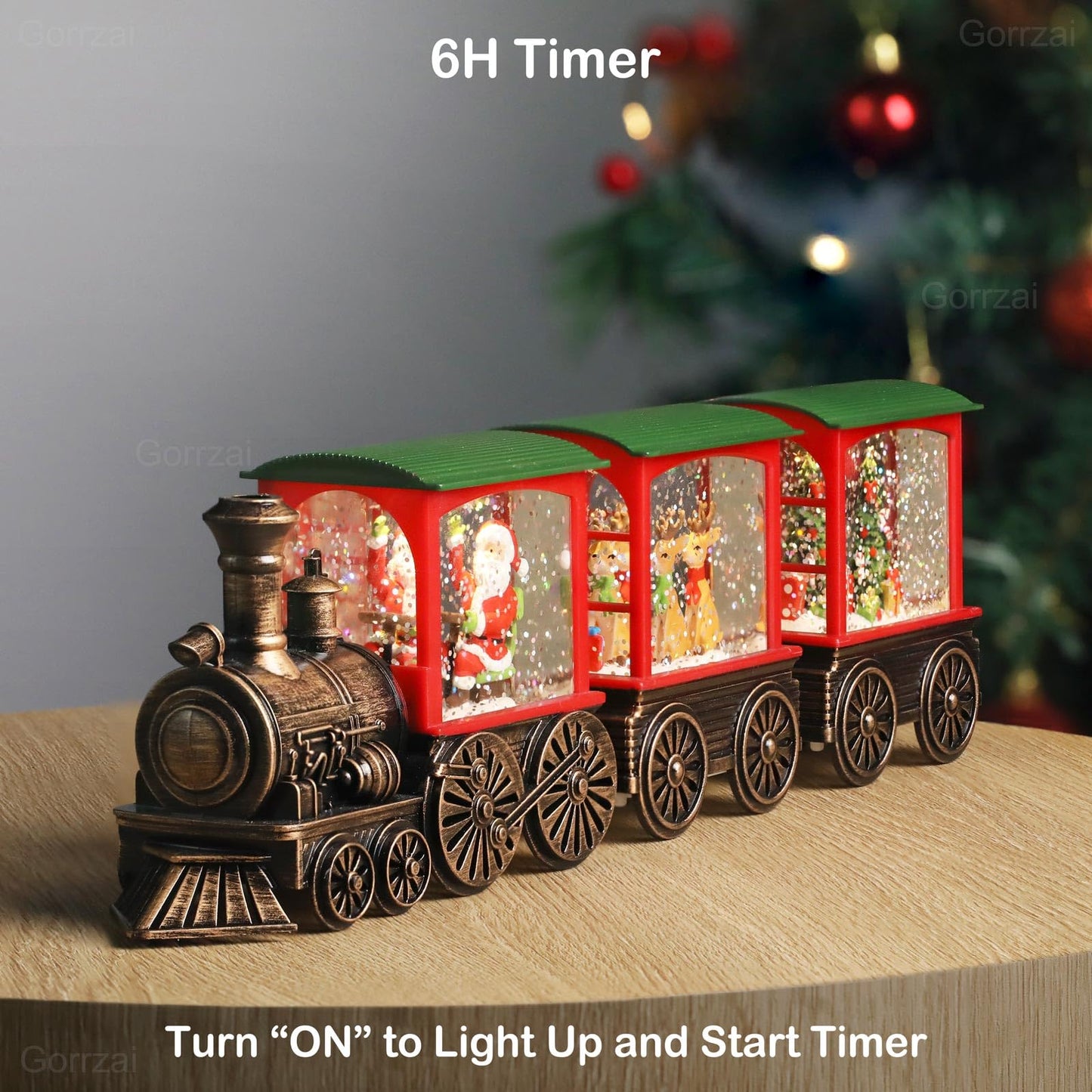 Gorrzai Train Snow Globe Christmas Snow Globe Lantern with Auto 6H Timer and Manual Glitter, Lighted Christmas Decorations Indoor with Santa Claus Reindeer Tree for Home Tabletop, Battery Operated