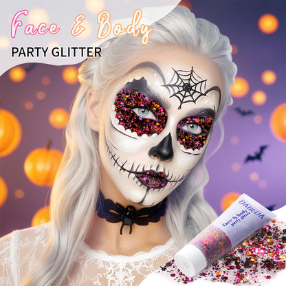 DAGEDA Halloween Black Body Glitter Gel, Face Hair Glitter Body Shimmer, Halloween Costume Accessories Chunky Glitters Eyeshadow, Holographic Cosmetic Sequins Festival Outfits for Women 50ml