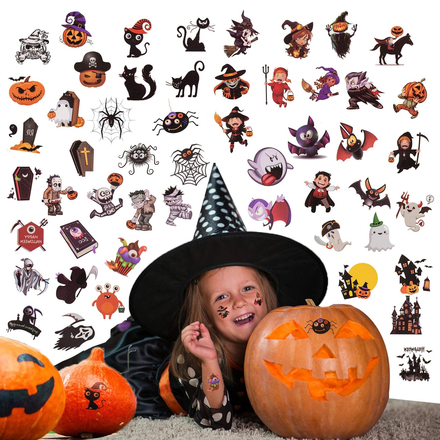 156 PCS Halloween Temporary Tattoos for Kids in 52 Unique Designs - 2 Inch Bulk Halloween Assorted Waterproof Fake Pumpkin Temp Tattoo Sticker for Boys Girls Goody Bag Stuffers Prizes Party Favors