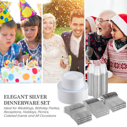 FOCUSLINE 600 Ct Silver Dinnerware Set for 100 Guests - Silver Rimmed Disposable Plastic Plates, Includes 100 Dinner & Salad Plates, Cups, Cutlery Set for Wedding Parties