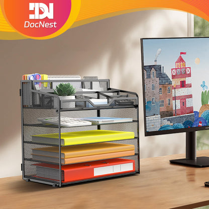 Docnest Multi-Functional Desk Organizer Tray, 5 Tier Paper Letter Tray Organizer with 3 Pen Holder, Mesh Desktop Storage with 5 Adjustable Compartments for Office Supplies-Black