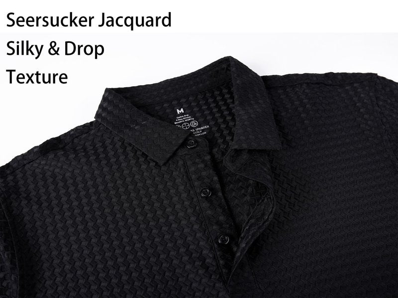 Alex Vando Mens Bubble Jacquard Polo Shirt Super Stretch Short Sleeve Polo Shirts for Men,Black,XL