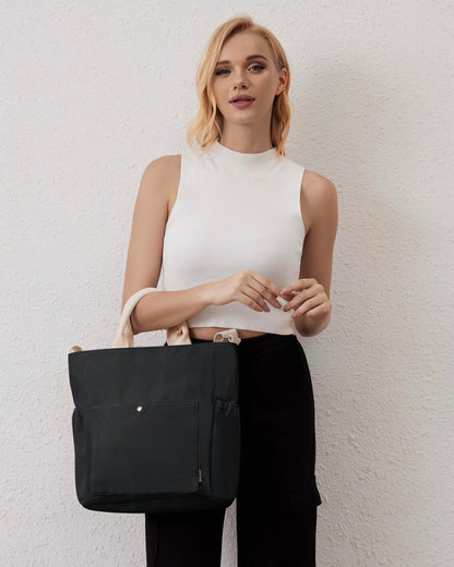 Prite Corduroy Tote Bag for Women with Zipper Large Capacity Shoulder Bags with Adjustable Strap and Pockets Waterproof Handbag for Work School Shopping Travel College (Black)