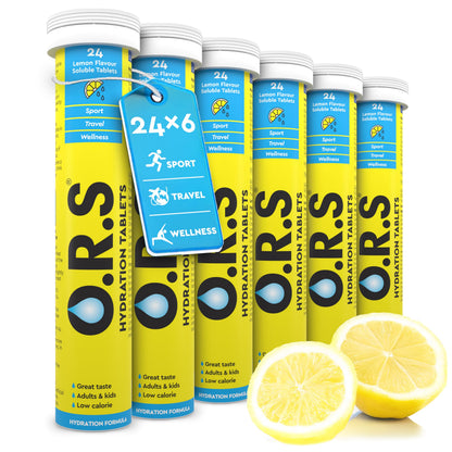 O.R.S Hydration Tablets with Electrolytes, Vegan, Gluten and Lactose Free Formula – Soluble Sports Hydration Tablets with Natural Lemon Flavour, 24 Tablets (Pack of 6 x 24)