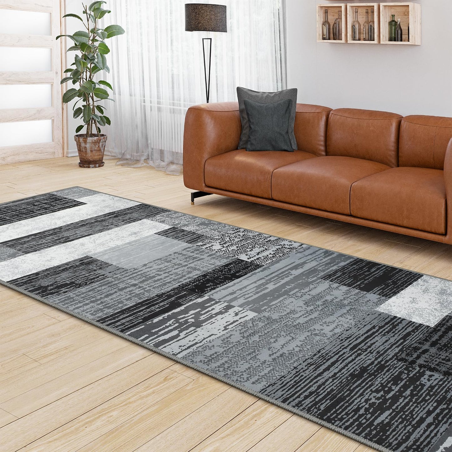 Indoor Runner Rug, Washable Runner Rug with Rubber Backing, Modern Geometric Patchwork Aesthetic Carpet for Bedroom, Living Room, Hallway, Entryway, Washable Rug Rockwood Collection, 2x6 Ft Grey