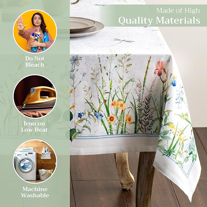 Maison d' Hermine Table Cloth Rectangle Table 100% Cotton 60 x 90 Inches Tablecloth Reusable Decorative for Dining Room, Farmhouse, Home, Party, Festive & Wedding Spring Summer - Fleurs De Mai