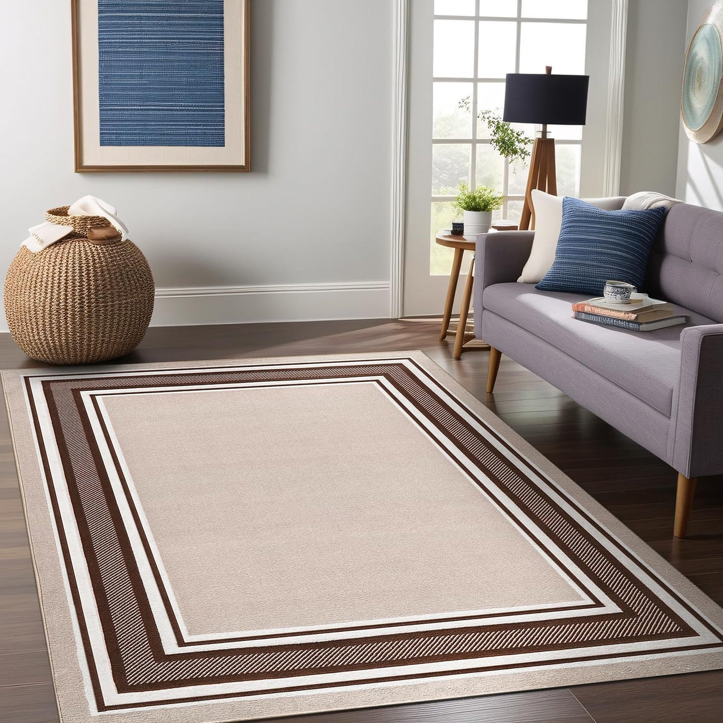 Beverly Rug Non Slip Area Rugs 8x10 Modern Bordered Non Skid Rubber Backing Soft Area Rug for Living Dining Room Easy to Clean Non Shedding Kitchen Bedroom Indoor Carpet 8 x 10 Beige-Brown
