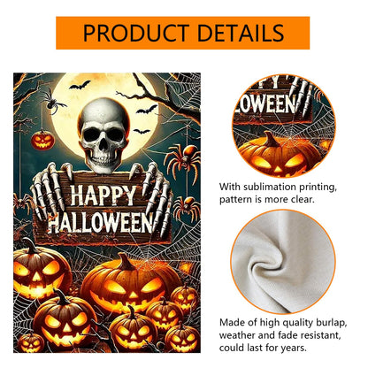 abzdfty Halloween Garden Flag 12x18 Inch Double Sided Pumpkin Skeleton Garden Flag Halloween Decorative Yard Flag for Outside, Patio, Porch and Lawn
