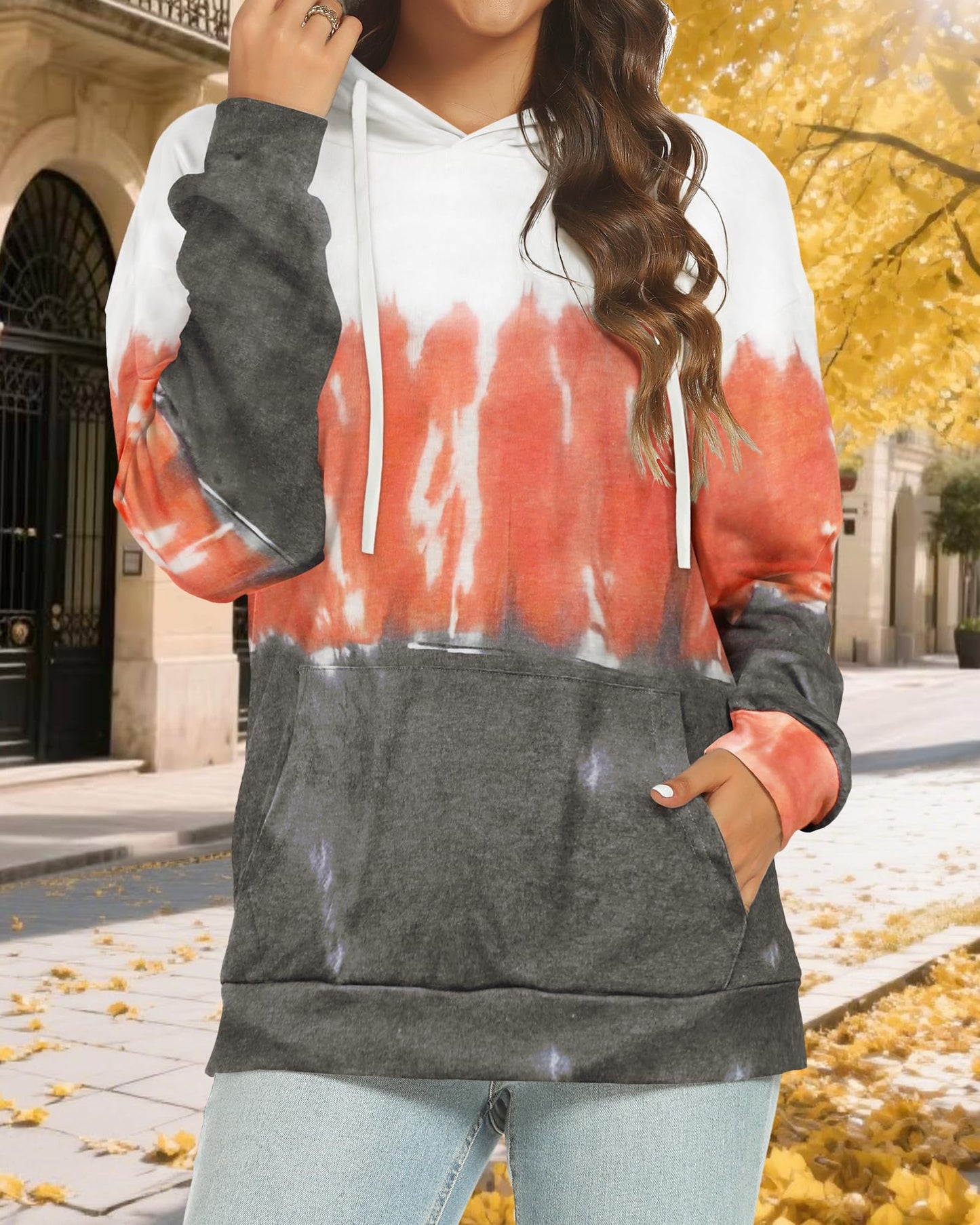 rosemia Hoodies for Women Sweatshirts Casual Long Sleeve Pullover Loose Lightweight Fall Clothes(Orange White Tie Dye,L)