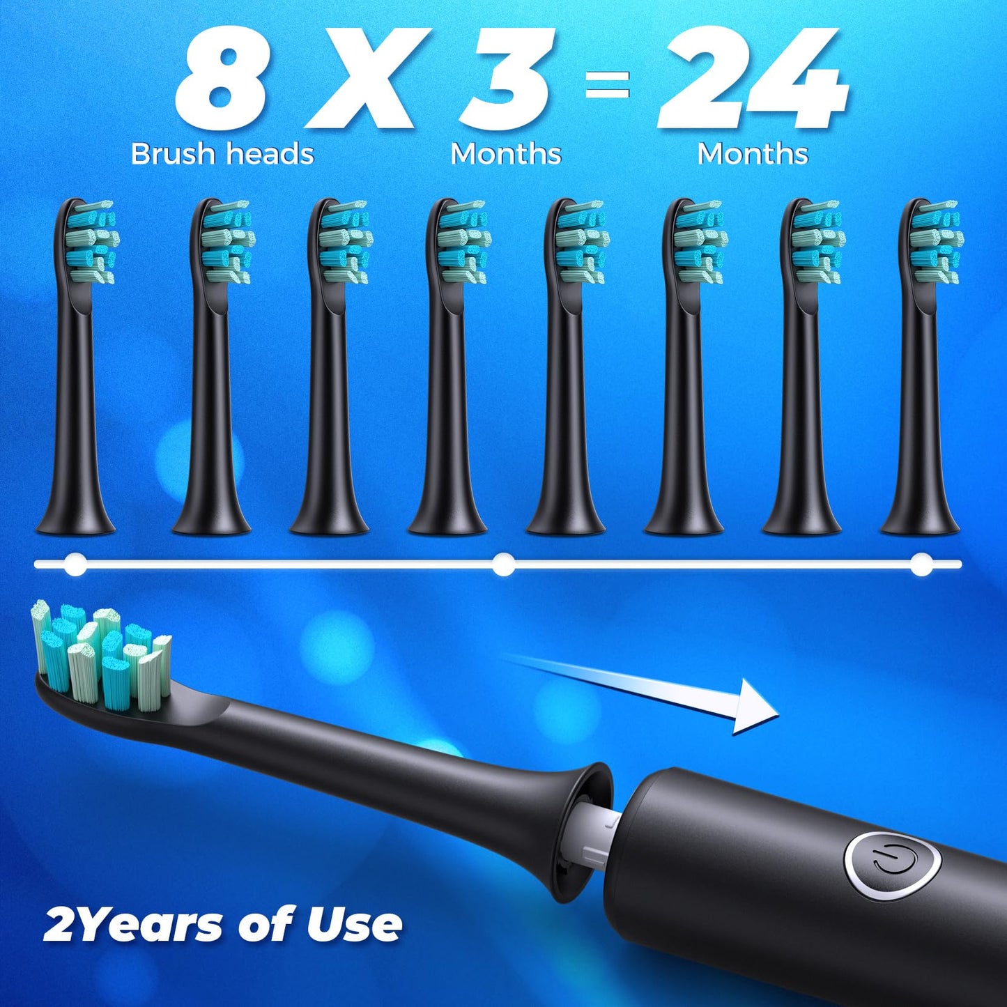 Electric Toothbrushes with 8 Replacement Brush Heads and 5 Brushing Modes,40,000vpm,Electric Toothbrush for Adults and Kids with 60 Days Battery Life,2 Minute Smart Time(Black)