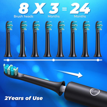 Electric Toothbrushes with 8 Replacement Brush Heads and 5 Brushing Modes,40,000vpm,Electric Toothbrush for Adults and Kids with 60 Days Battery Life,2 Minute Smart Time(Black)