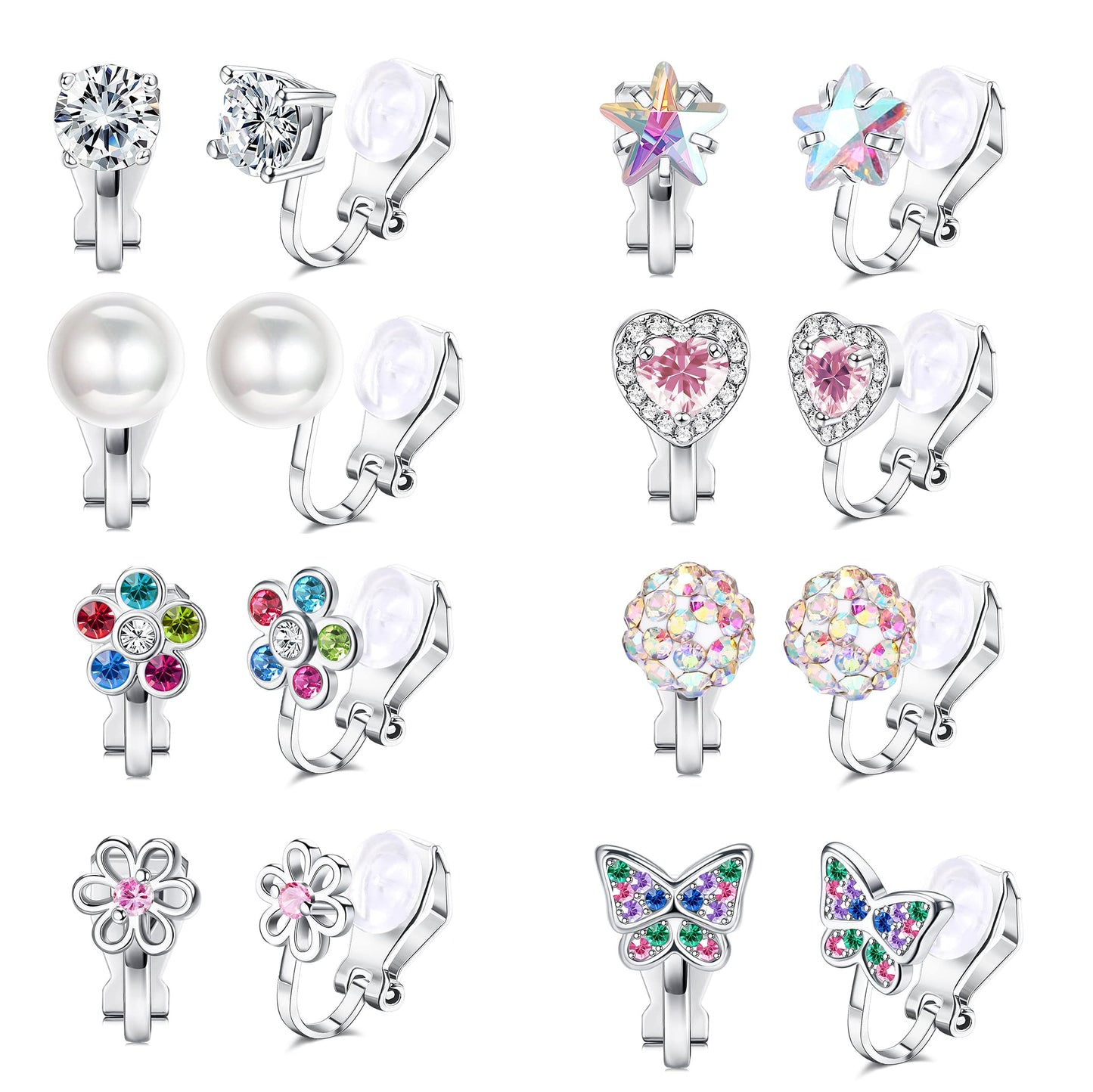 FASACCO 8-10Pairs Clip on Earrings for Girls Colorful Crystal Non-Piercied Earrings Cute Flower Heart Butterfly Pearl Clip-on Earrings