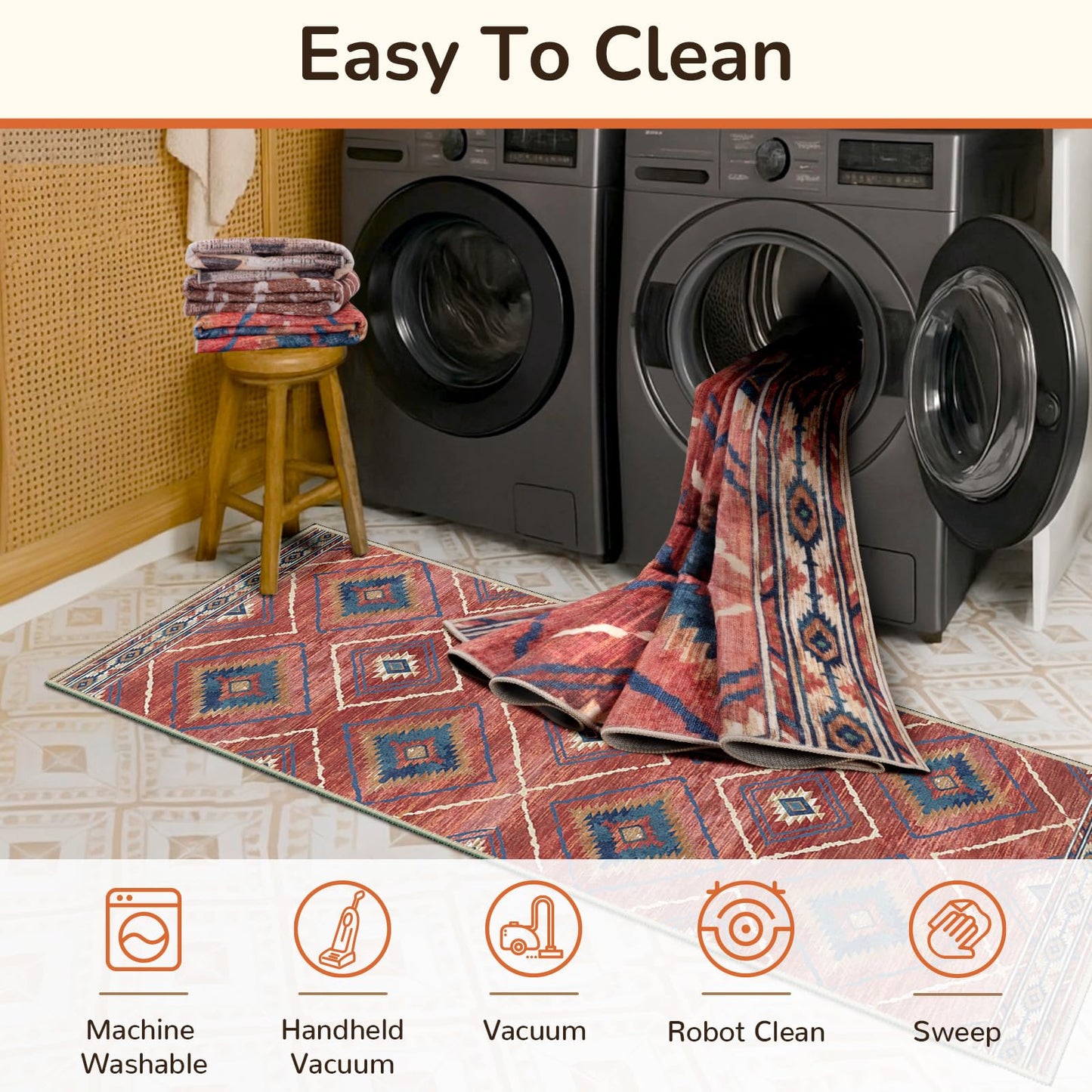 BESTSWEETIE Area Rug 8x10 Machine Washable Non-Slip Low Pile Tribal Western Rug for Living Room Bedroom Entryway - Red/Orange