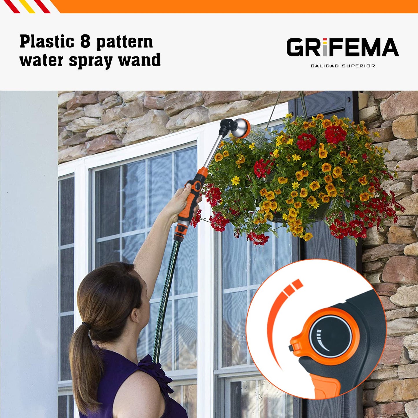 GRIFEMA GE1305 Watering Lance, Extended Hose Pipe Spray Gun with 8 Modes, Watering Wand for Hanging Basket Watering, Lawn Watering, Car Washing, Pet Bathing [Amazon Exclusive],Orange/Black
