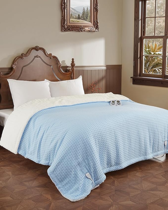 CAROMIO Heated Blanket Queen Size with LCD Dual Controller, Waffle Weave Fast Heating Electric Blankets, 10 Heat Levels & 1-12H Time Settings, ETL Certified, Machine Washable, Light Blue, 84" x 90"