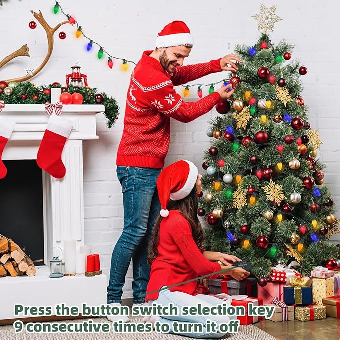 27.5Ft C9 LED Christmas Lights Battery Operated with Remote, LED Multicolor Outdoor Christmas Tree Lights Waterproof with 8 Mode Twinkle, for Christmas Tree Stair Yard Home Decor, 50 Bulbs