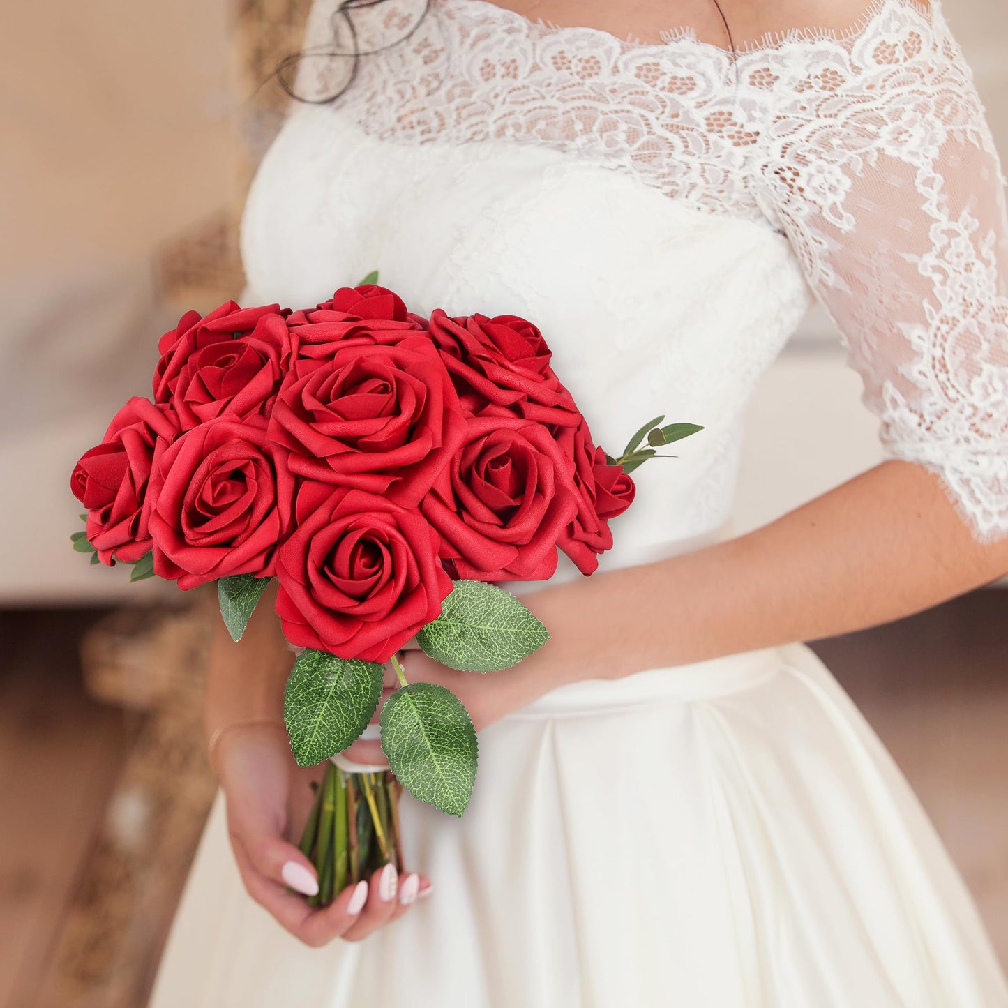 Mocoosy 50Pcs Red Roses Artificial Flowers, Artificial Rose Real Touch Foam Fake Roses Bulk with Stem,Lifelike Rose DIY Craft Flower for Wedding Bridal Bouquet Centerpiece Arrangement Party Home Decor