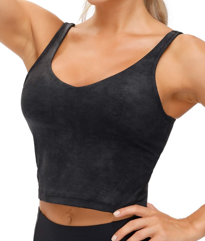 THE GYM PEOPLE Women’s Longline Sports Bra Wirefree Padded Medium Support Yoga Bras Gym Running Workout Tank Tops (Faux Leather Coated, Small)