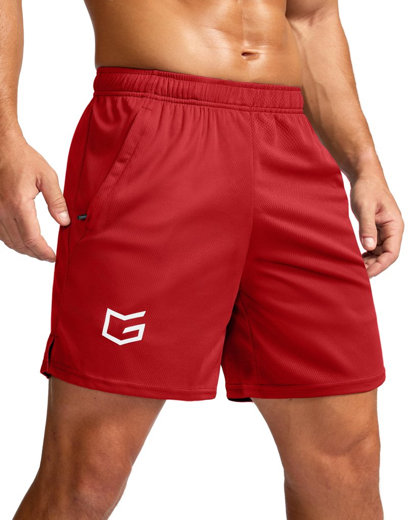 Men's 5" Workout Running Shorts Quick Dry Lightweight Gym Shorts with Zip Pockets(Red,L5_L)