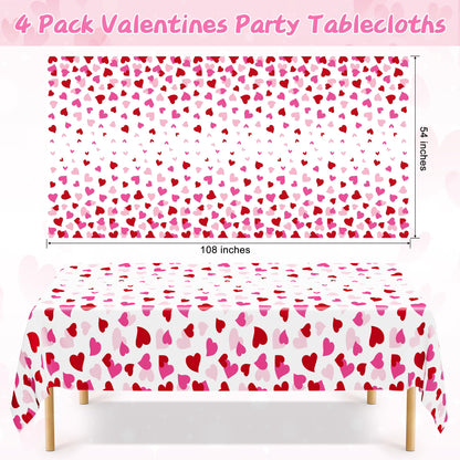 4 Pack Valentines Decorations, 108" X 54" Valentines Tablecloths, Heart-shaped Disposable Red Pink Tablecloths Love Plastic Table Cover, Galentines Decorations Party Supplies for Wedding Birthday