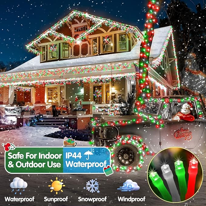 Heceltt Christmas Lights Outdoor, 125FT 350 LED String Lights 8 Modes and Timer Memory Function Twinkle Fairy Lights Waterproof Plug in for Xmas Tree Wedding Party Holiday Decor(Red Green and White)
