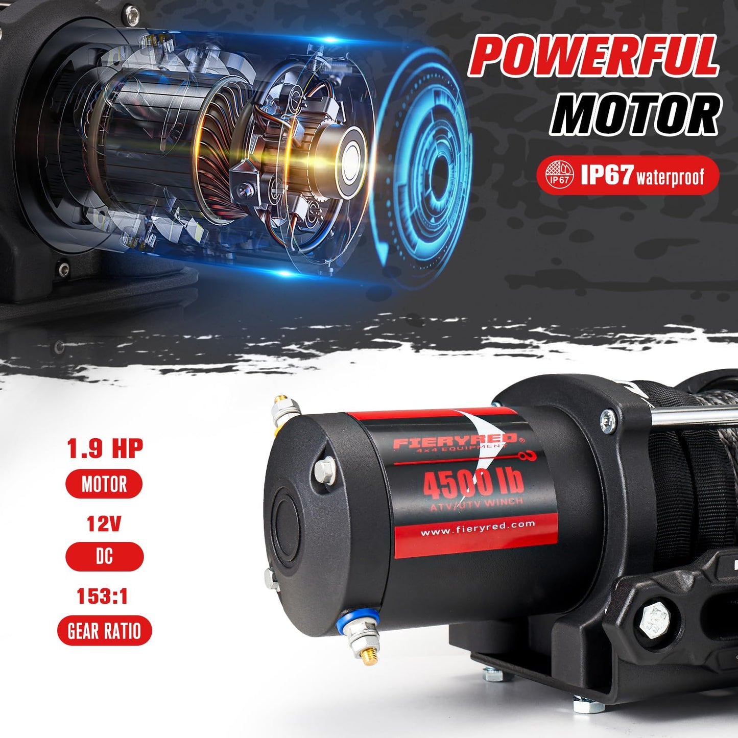 FIERYRED ATV/UTV Winch 12V 4500 lb Electric Winch with Synthetic Rope, with Wireless Remote Control Hawse Aluminium Fairlead & Mounting Bracket, Waterproof IP67