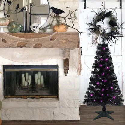 Juegoal Lighted Artificial Halloween Black Christmas Tree, 4FT Black Tinsel Pine Tree with 70 LED Purple Lights, 8 Modes & Timer for Home Party Decorations