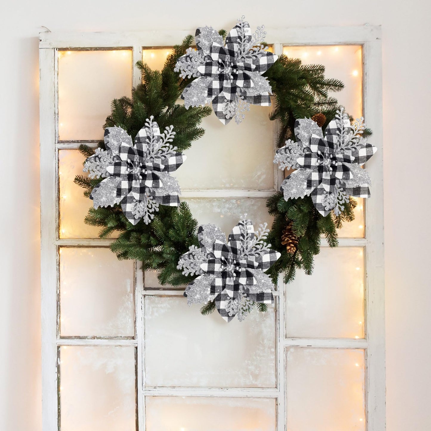 Canlierr 5.7 Inch Artificial Poinsettias Christmas Glitter Flowers with Clips Xmas Tree Flower Ornament Poinsettias Decor (Black and White Buffalo with Silver Petals,12 Pieces)