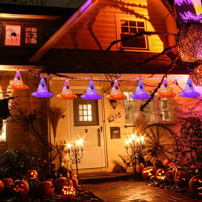 Twinkle Star 8 Pcs Lighted Hanging Witch Hats, Halloween Decorations Lighted Witch Hats with Remote Control String Lights, Battery Powered with 8 Lighting Modes for Garden, Yard, Tree