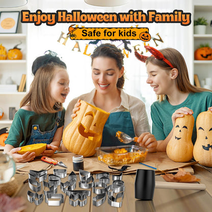 Pumpkin Carving Kit, 27PCS Stainless Steel Tools with 24 Halloween Shape Molds & 3 Carving Tools, Safe DIY Pumpkin Decor for Adults and Kids, Machine Washable