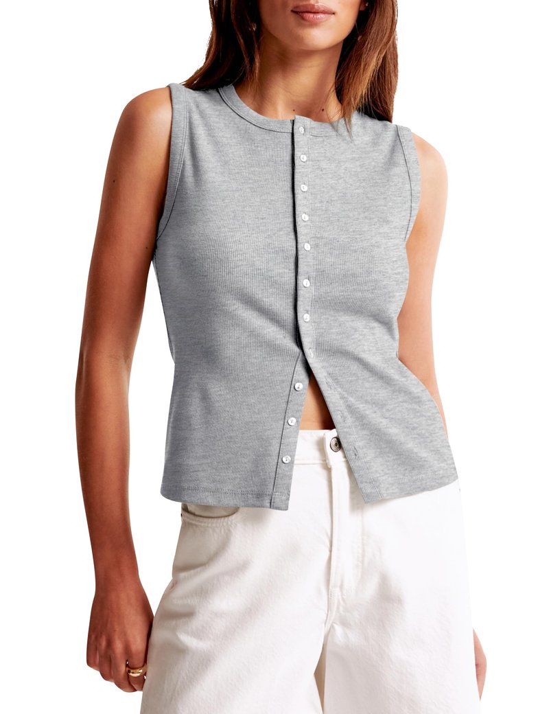 Cioatin Women Ribbed Button Down Tank Tops Sleeveless Crew Neck Slim Fit Open Front Crop Vest Going Out Y2K Clothes Heather Gray