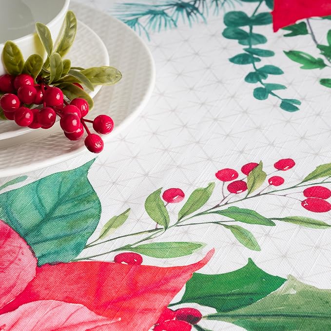 Maison d' Hermine Table Cloth Rectangle Table 100% Cotton 70 x 108 Inches Fall Tablecloth Reusable Everyday Use for Thanksgiving Christmas Decorations Dining Farmhouse Party (Poinsettia Christmas)