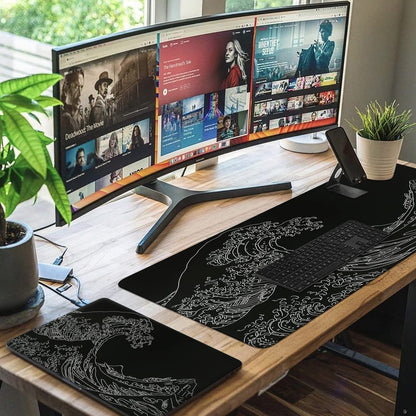 iCasso Mousepad, Gaming Mouse Pad, XXL Large Desk Mat, Big Rubber Base Mouse Mat with Stitched Edges, Computer Keyboard Desk Pad for Work, Game, Office, Home - Black Wave of Kanagawa