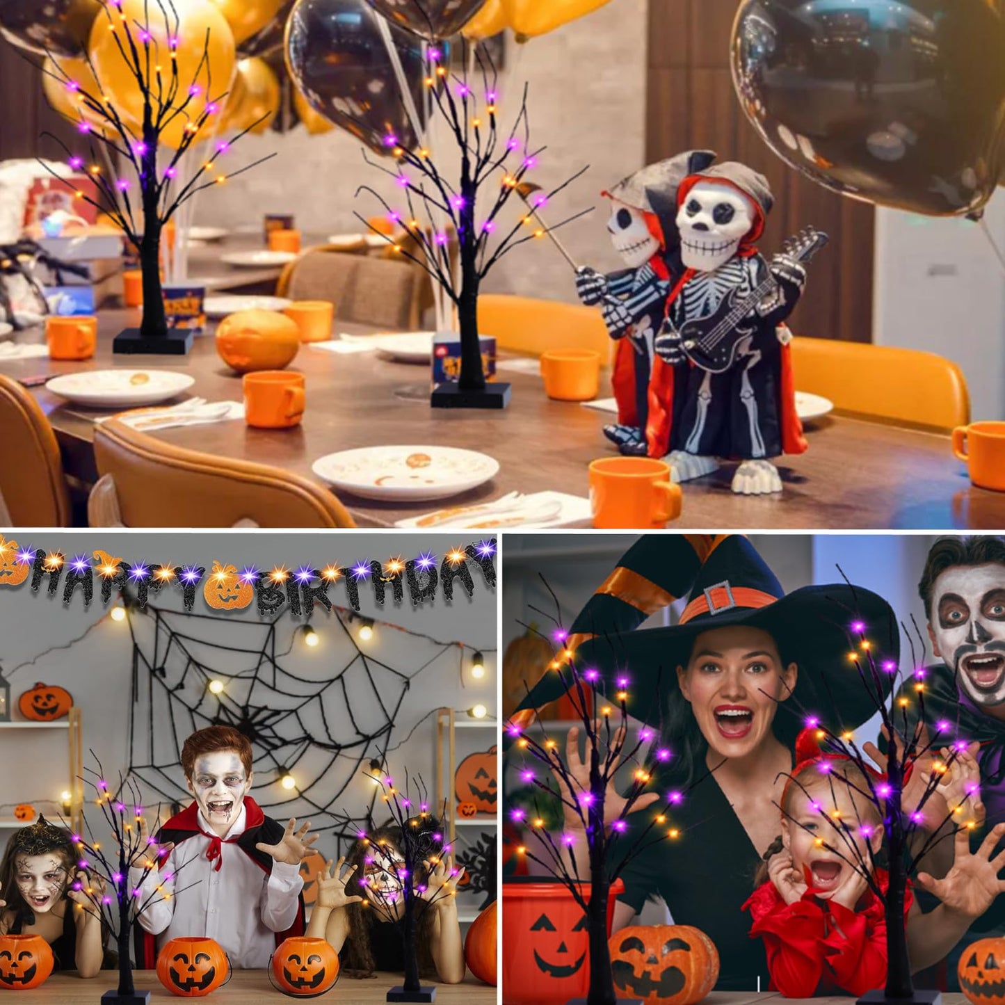 Efunly 2 Pack 24 Inch Halloween Black Spooky Tree with Orange & Purple Lights, USB&Battery Operated Tabletop Halloween Black Tree with Timer for Indoor Home Holiday Party Decorations