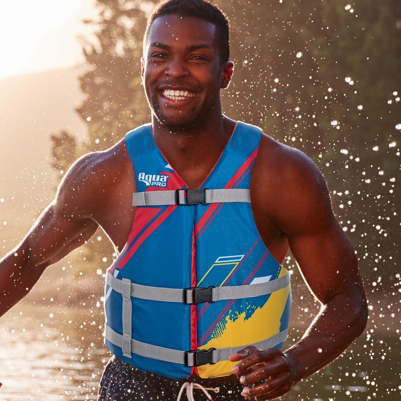 Oceans 7 USCG Universal Fit Adult Sized Life Jacket – Type III PFD Fits Chest Size 30” - 52” – Flexible-Fit Open-Sided Design – Blue/Red/Yellow