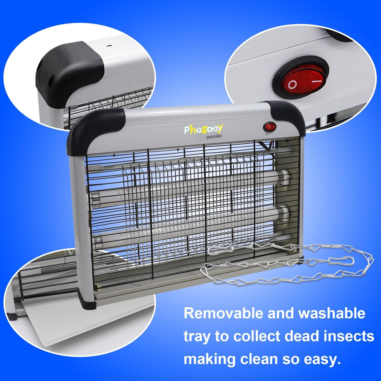 Phosooy Electric Bug Zapper, 2800V High Grid Indoor Mosquito Killer with 20W Lamps, Plug-in Hanging Insect Trap for Mosquitoes, Moths, Gnats, Flies and Flying Insects Indoor Use