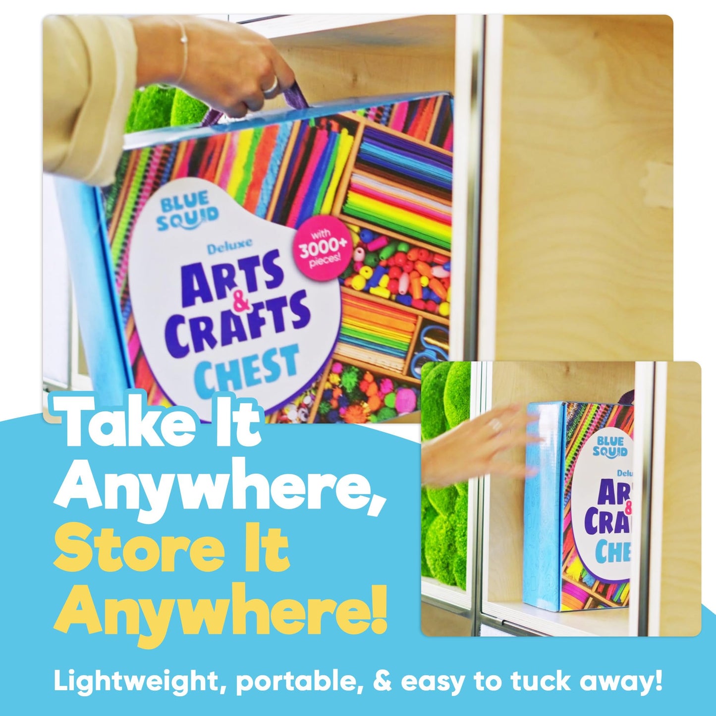 Blue Squid Arts & Crafts Chest - 3000+ pcs Deluxe Craft Kits for Kids Supplies Box, 2 Drawers, 18 Compartments, Sturdy Handle - Art and Crafting Kit Kids Craft Set, School Supply for Ages 4-8, 9-12