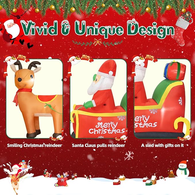 12FT Long Christmas Inflatables Outdoor Decorations, Inflatables Santa Claus on Reindeer Sleigh Built-in LED Lights, Christmas Blow Up Yard Decorations for Holiday Outdoor Garden Lawn Decor