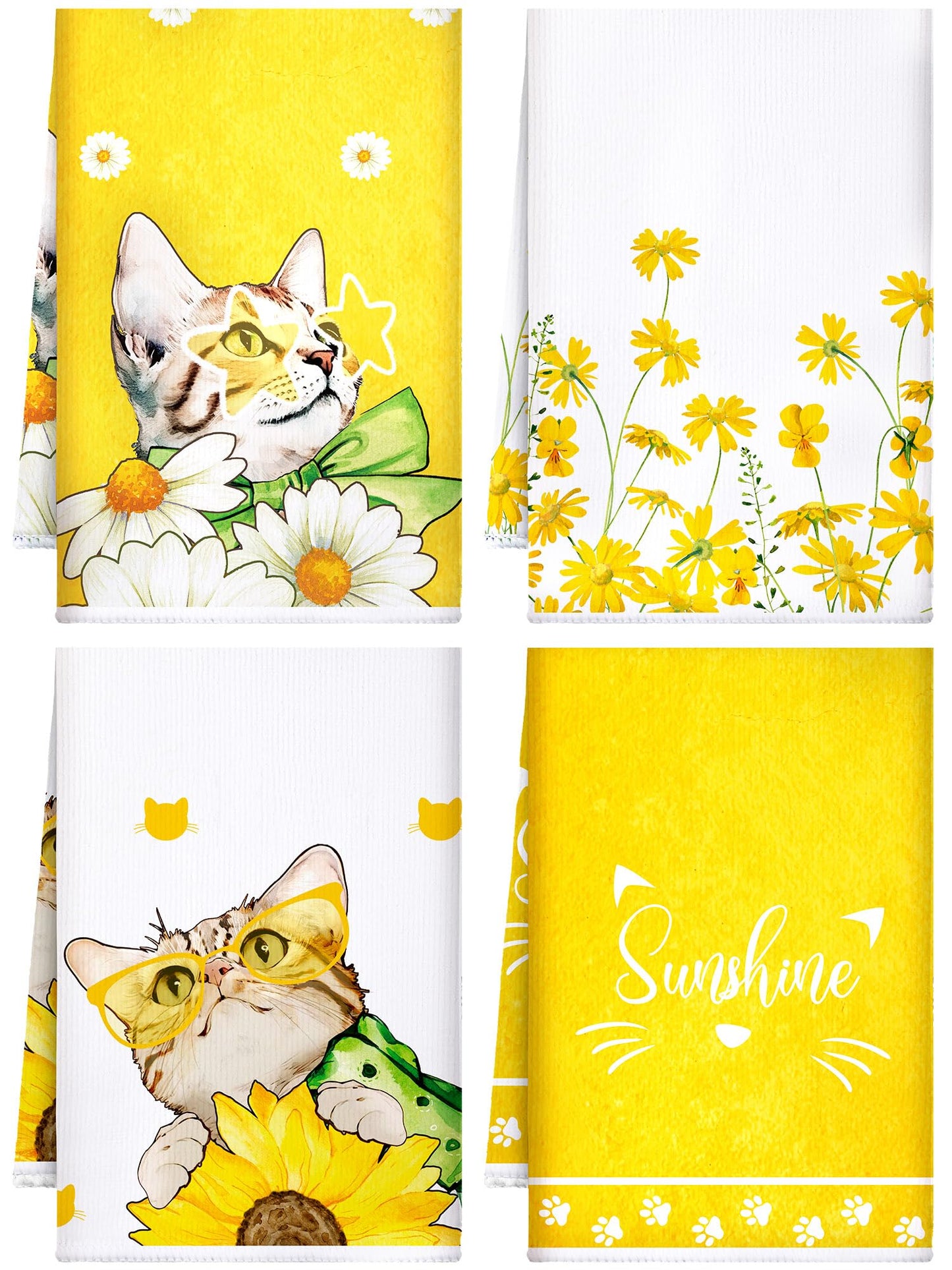Bencailor 4 Pcs Cat Kitchen Towels Yellow Floral Cute Kitty Hand Dish Towels Fast Drying Kitty Decorative Tea Dishcloth Housewarming Gift for Cat Lovers Cooking Kitchen Bathroom Decor