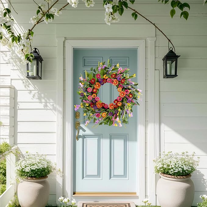 Artificial Spring Wreath 22 Inch Summer Wreaths for Front Door with Green Eucalyptus Leaves Pink Daisy Lavender Spring Door Wreath for Farmhouse Wall Wedding Home Porch Easter