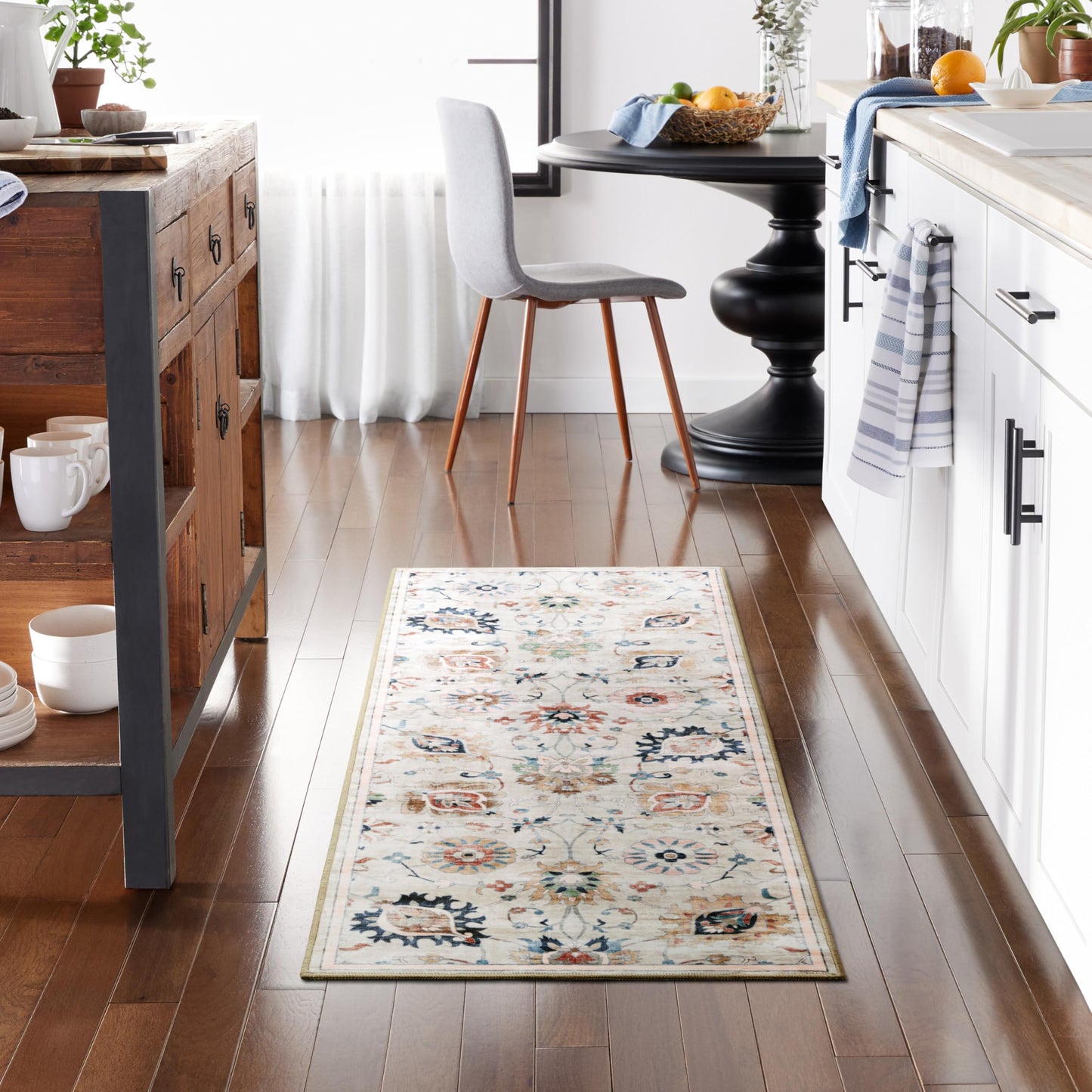 EVERWASH Haven Damask Floral Machine Washable Area Rug with Airflo Technology for Easy Clean, Ultra-Soft Non-Slip Rug with Built-in Pad, Pet, Family & Allergy Friendly Rug, Beige Multi, 2'6"x7'