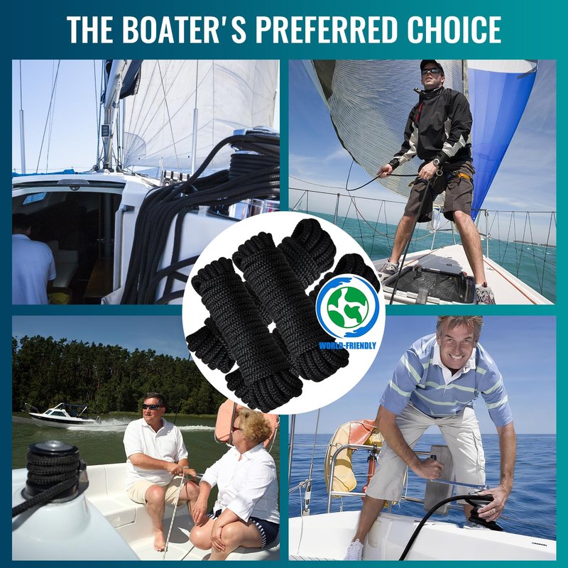 PropelTech 4 Pack 3/8" x 15’ Boat Dock Lines for Boat & Pontoon, Premium Marine- Grade Double Braided Nylon Dock Line, Pre-Spliced with a 12" Eyelet-Black,Boating Gifts for Men