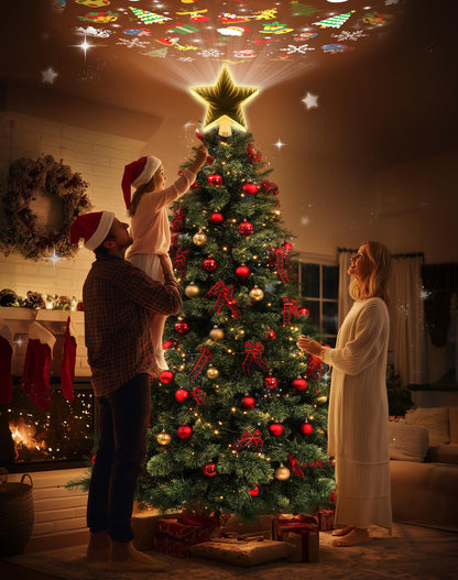 Christmas Tree Topper with 6 Projection Modes, Christmas Star Tree Topper with Built-in Rotating Projector, 104 LED Warm Lights 3D Tunnel Dynamic Lighting Effect Christmas Tree Decoration
