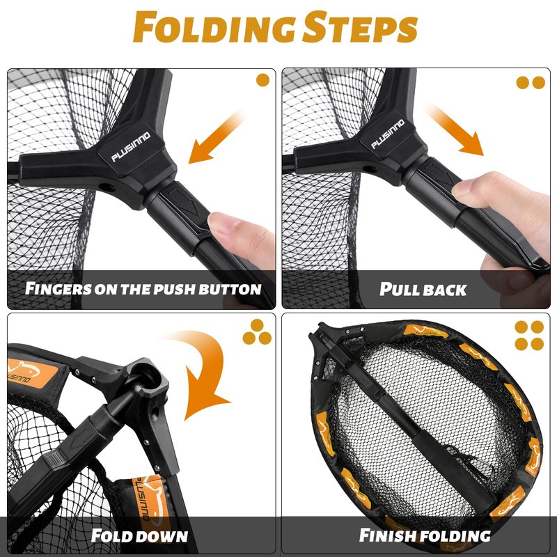 PLUSINNO Fishing Net Fish Floating Landing Net, Kayak Nets with Fixed Foldable Telescopic Pole Handle,Bass Trout Fishing Nets with Nylon Mesh for Pond Lake River,Fishing Gear Gifts for Men Orange 1.0M