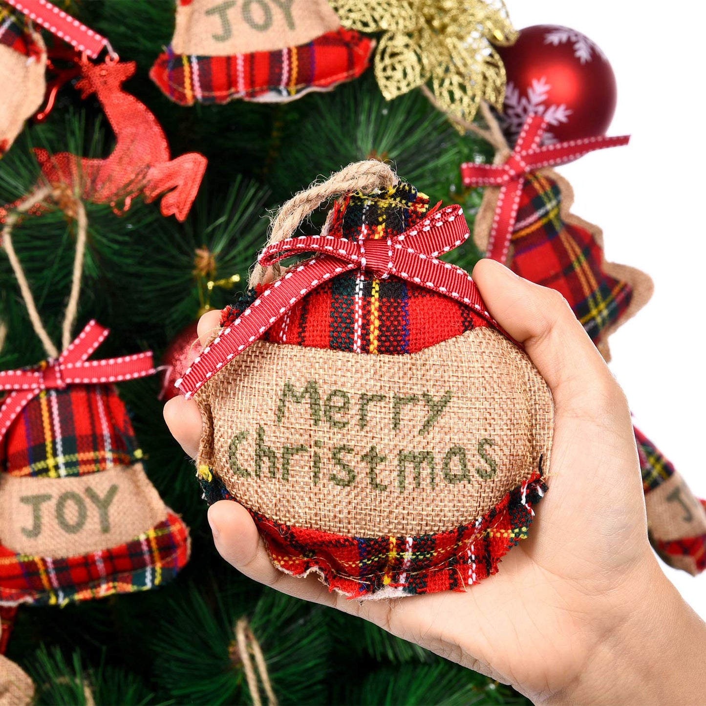 Jetec 12 Pieces Buffalo Plaid Christmas Ornaments Rustic Tartan Burlap Farmhouse Christmas Tree Decors Red Black Buffalo Xmas Tree Ball Plaid Stocking Bell Shaped Hanging Ornaments for Xmas Party
