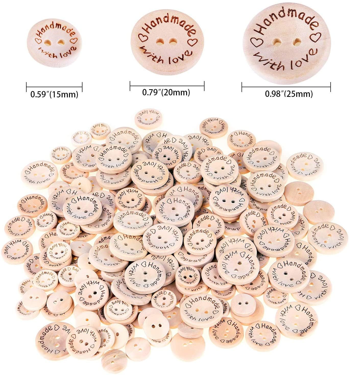 150pcs Wooden Handmade with Love Round Craft Decor 2 Holes Wooden Sewing Buttons (15-20-25mm)