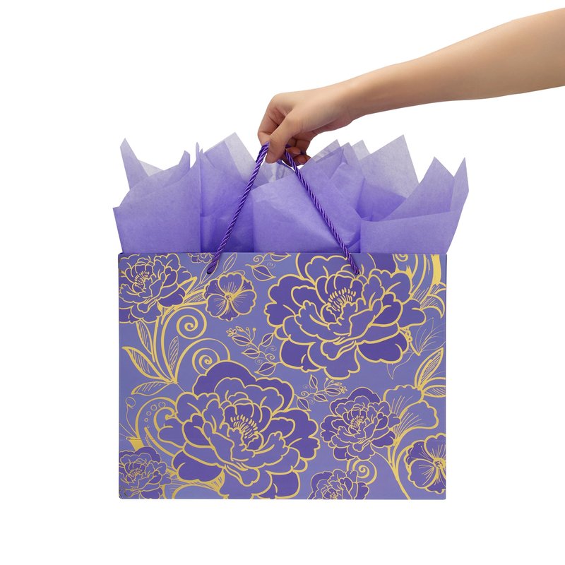 Qirrmiy 13" Large Rose Purple Gift Bag Set with Greeting Card and Tissue Paper for Women or Girls for Celebrating Birthdays, Mother's Day, Valentine's Day, Weddings, Anniversaries