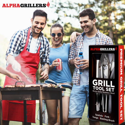 Alpha Grillers Grill Set Heavy Duty BBQ Accessories - BBQ Tool Set 4pc Grill Accessories with Spatula, Fork, Brush & BBQ Tongs - Gifts for Dad Durable, Stainless Steel Grill Tools