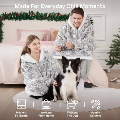 Giggling Getup Wearable Blanket Hoodie for Adults Gifts for Teen Girls Sister Women Sherpa Fleece Printed Hooded Blanket Sweatshirt Warm Cozy with Pocket & Sleeves Grey Snowflake
