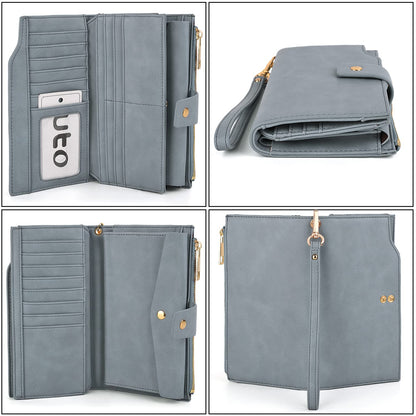 UTO Wallet for Women RFID Blocking Ladies Wristlet Purse 21 Card Slots Phone Pocket Synthetic Leather Grey Blue